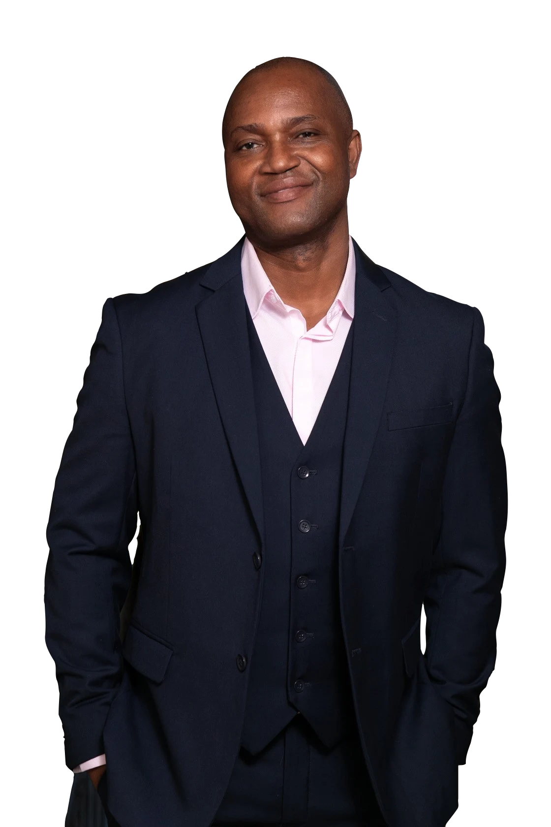 Patrick Saye Meniboon wearing a navy three-piece suit and pink shirt